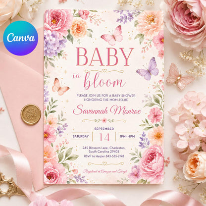 Baby in Bloom Shower Invitation with Floral Garden Frame — editable Canva template
