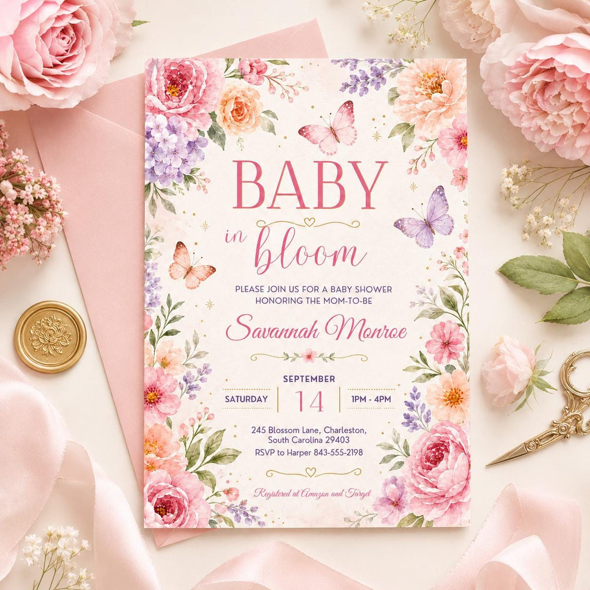 Baby in Bloom Shower Invitation with Floral Garden Frame in green and pink