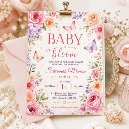Baby in Bloom Shower Invitation with Floral Garden Frame — butterfly design