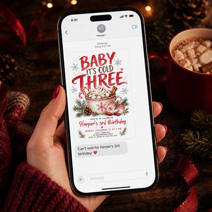 Baby It's Cold Three Birthday Invitation for Girls — invitation you personalize in Canva