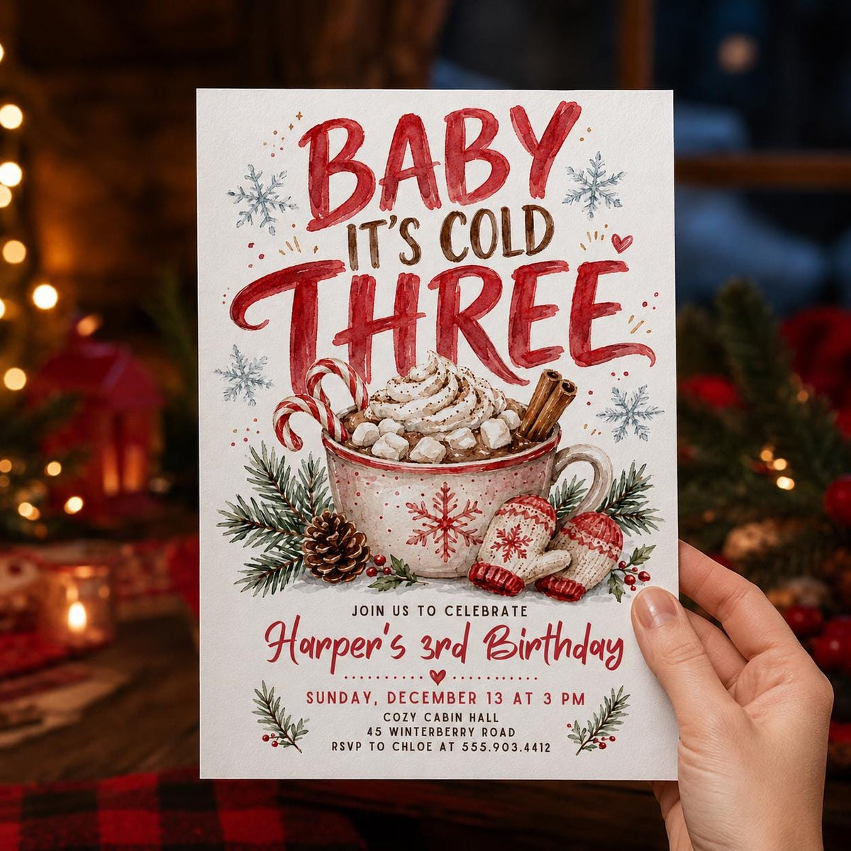 Baby It's Cold Three Birthday Invitation for Girls — print-ready 3rd birthday party design from VoltBy