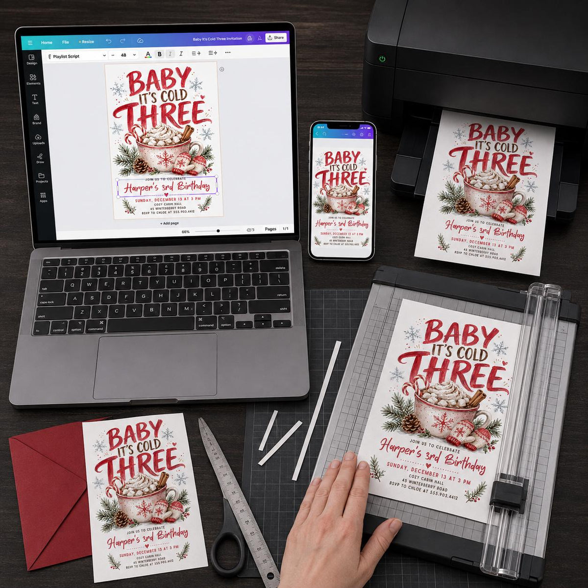 Baby It's Cold Three Birthday Invitation for Girls — digital invitation, instant download