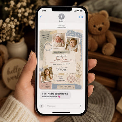 Baby Sprinkle Photo Collage Invitation with Blue Floral Paper in cream