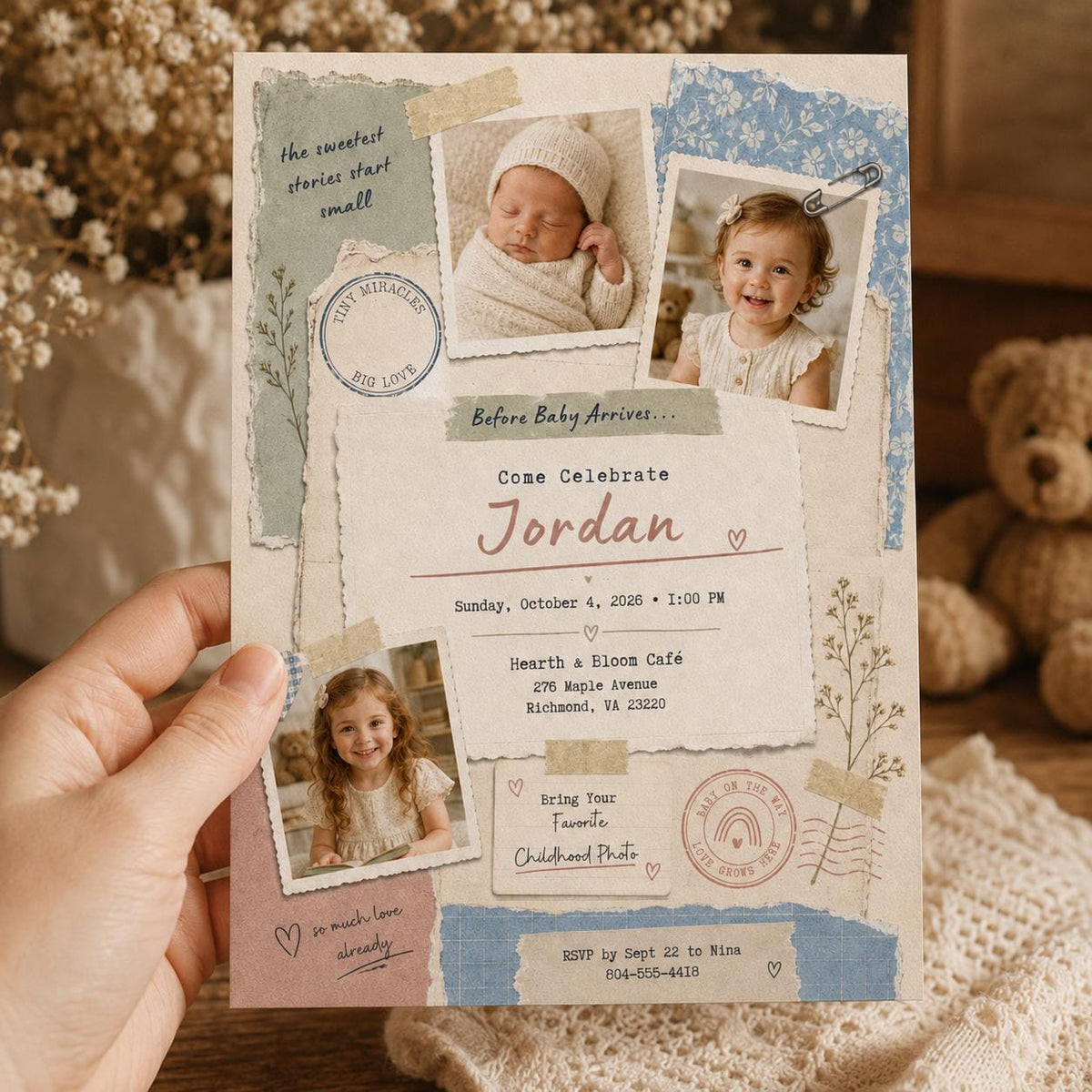 Baby Sprinkle Photo Collage Invitation with Blue Floral Paper — invitation you personalize in Canva