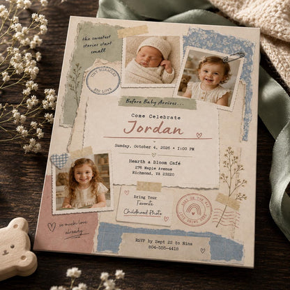 Baby Sprinkle Photo Collage Invitation with Blue Floral Paper — digital invitation, instant download
