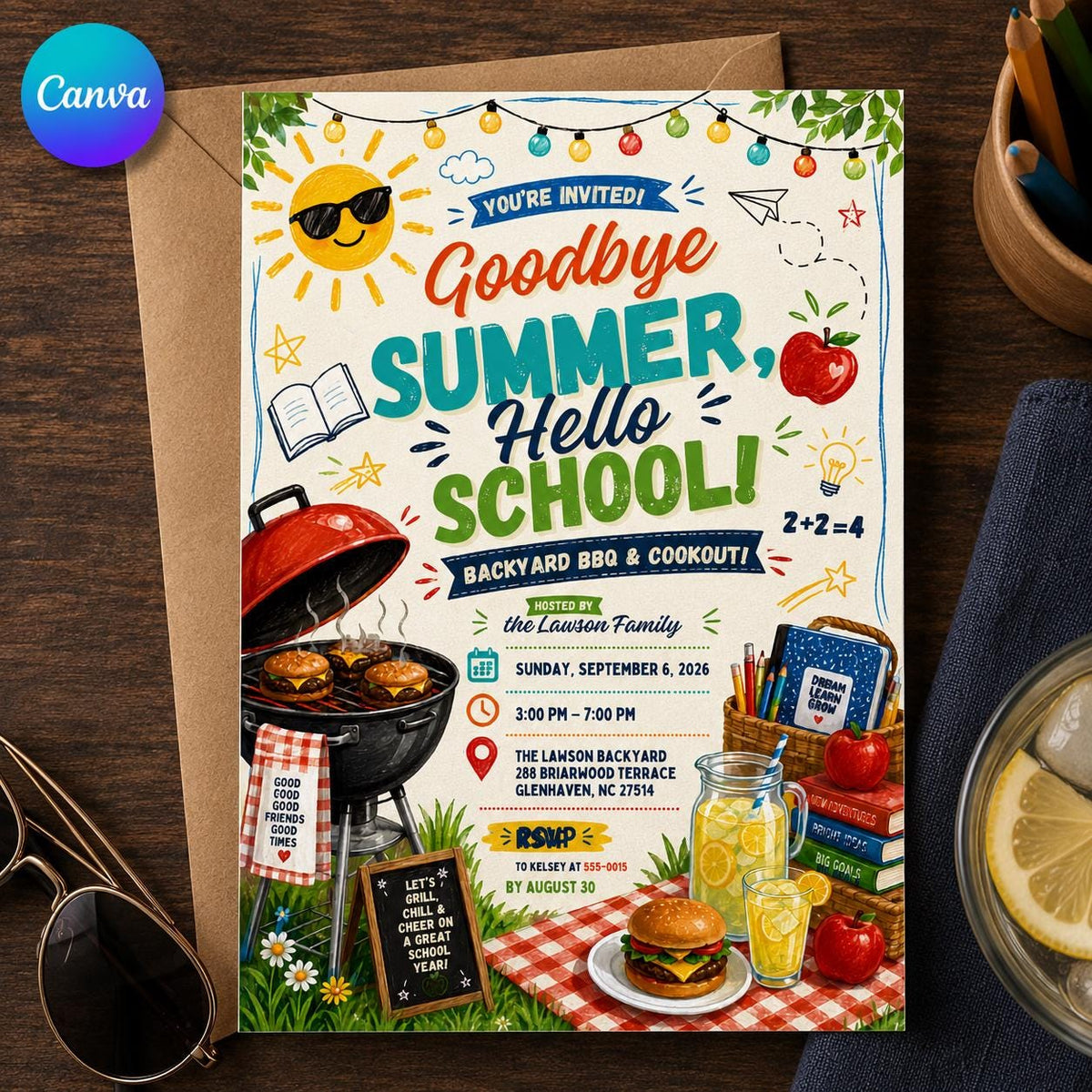 Back to School BBQ Invitation: Goodbye Summer Hello School Backyard Cookout — editable Canva template