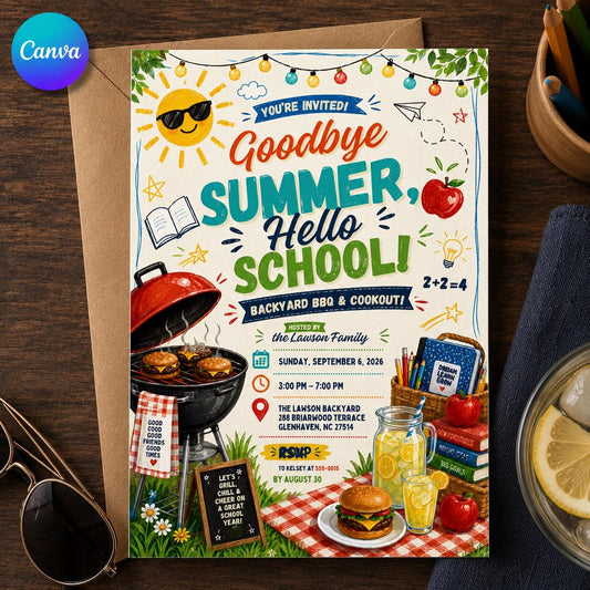 Back to School BBQ Invitation: Goodbye Summer Hello School Backyard Cookout — editable Canva template