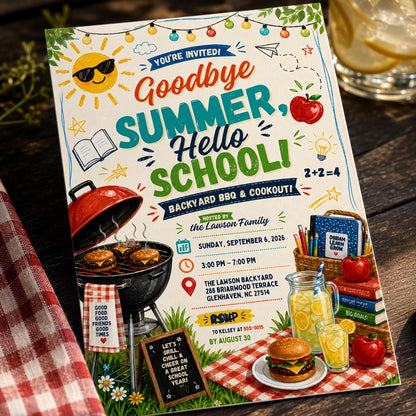 Back to School BBQ Invitation: Goodbye Summer Hello School Backyard Cookout — invitation you personalize in Canva