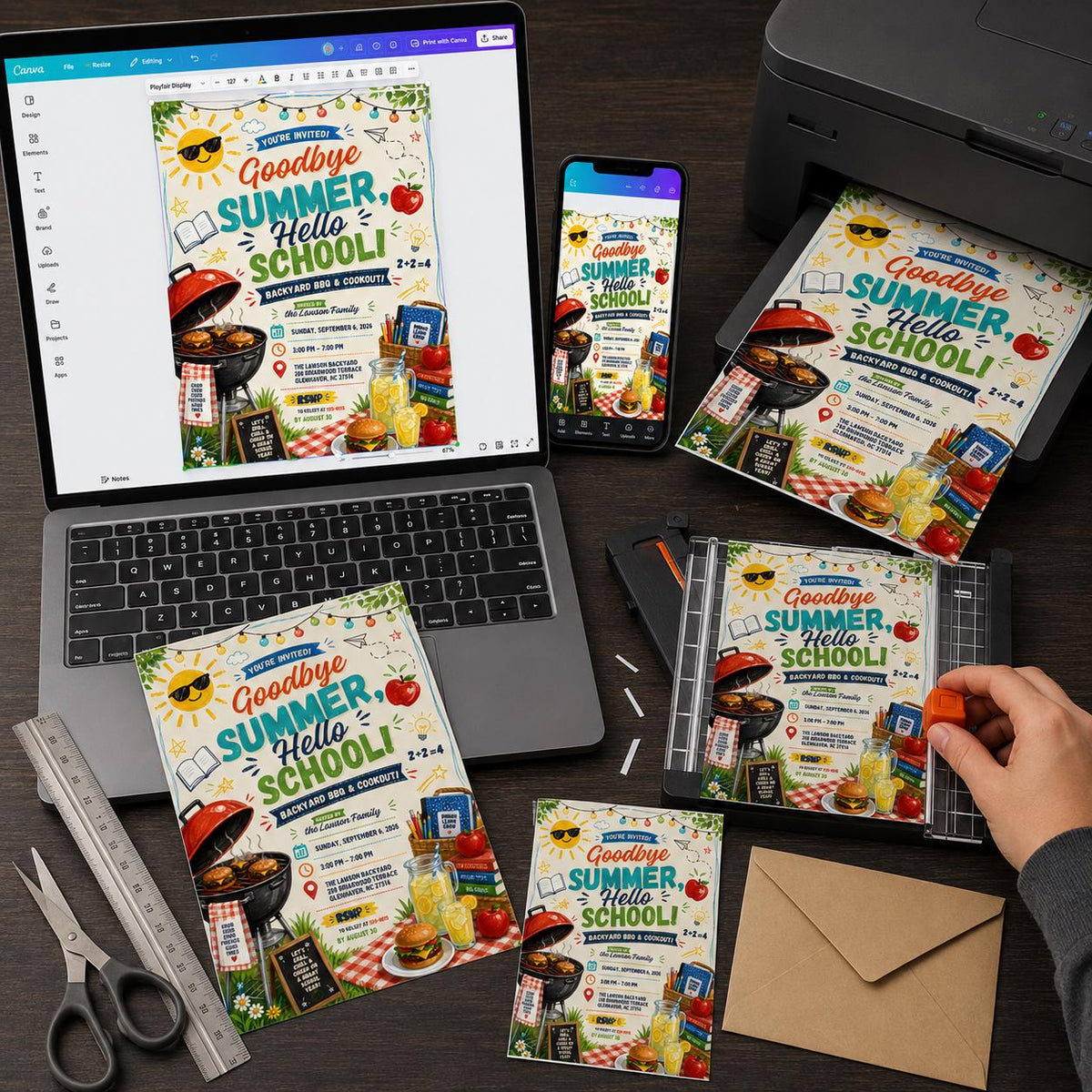Back to School BBQ Invitation: Goodbye Summer Hello School Backyard Cookout — print-ready back-to-school event design