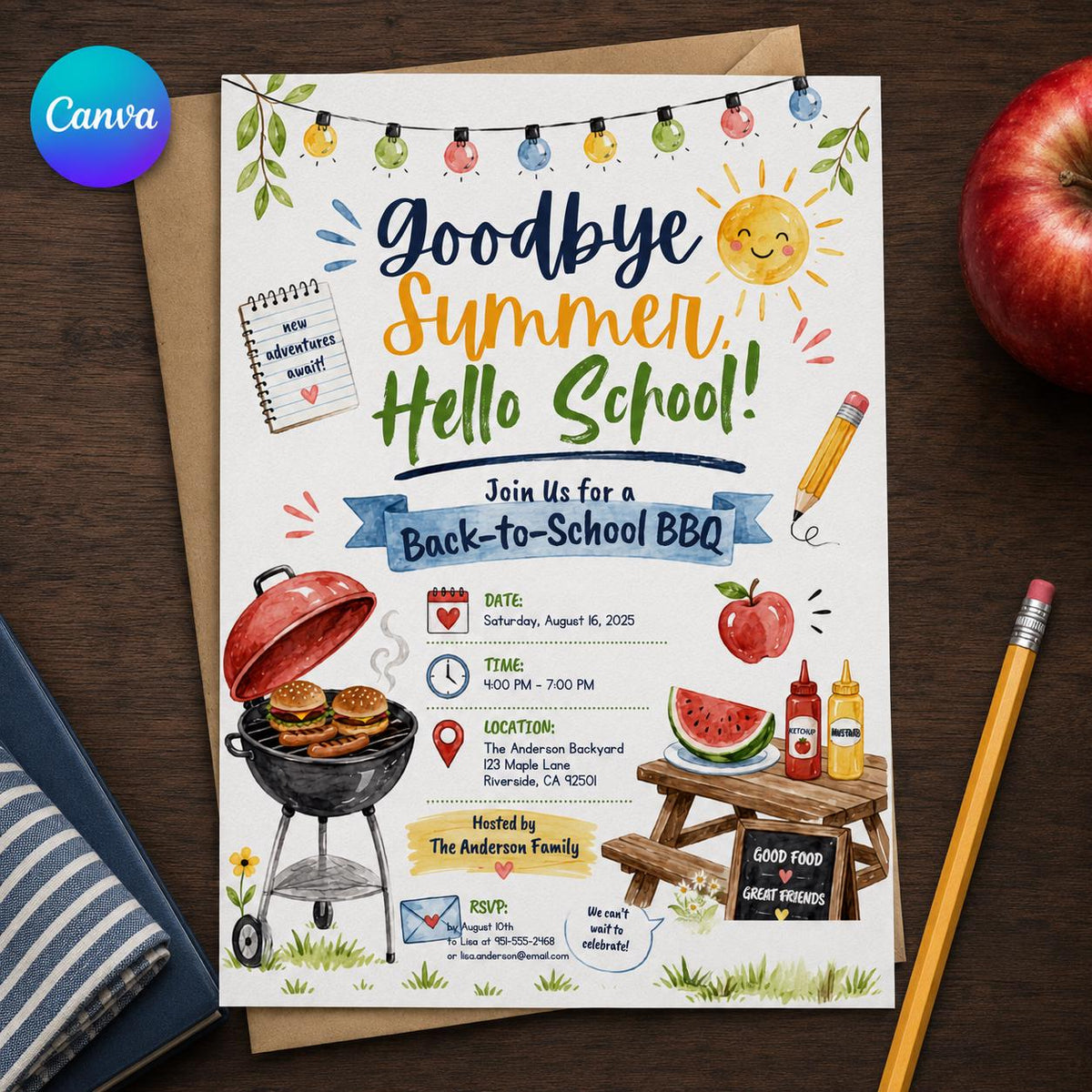 Back to School BBQ Invitation: Goodbye Summer Hello School Cookout — editable Canva template
