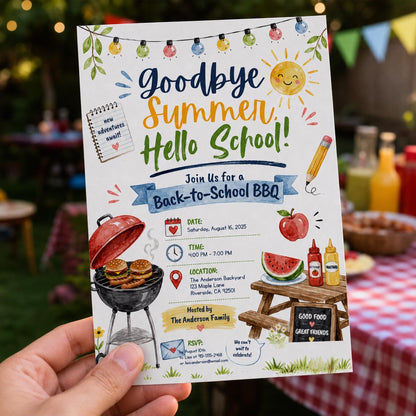 Back to School BBQ Invitation: Goodbye Summer Hello School Cookout — invitation you personalize in Canva