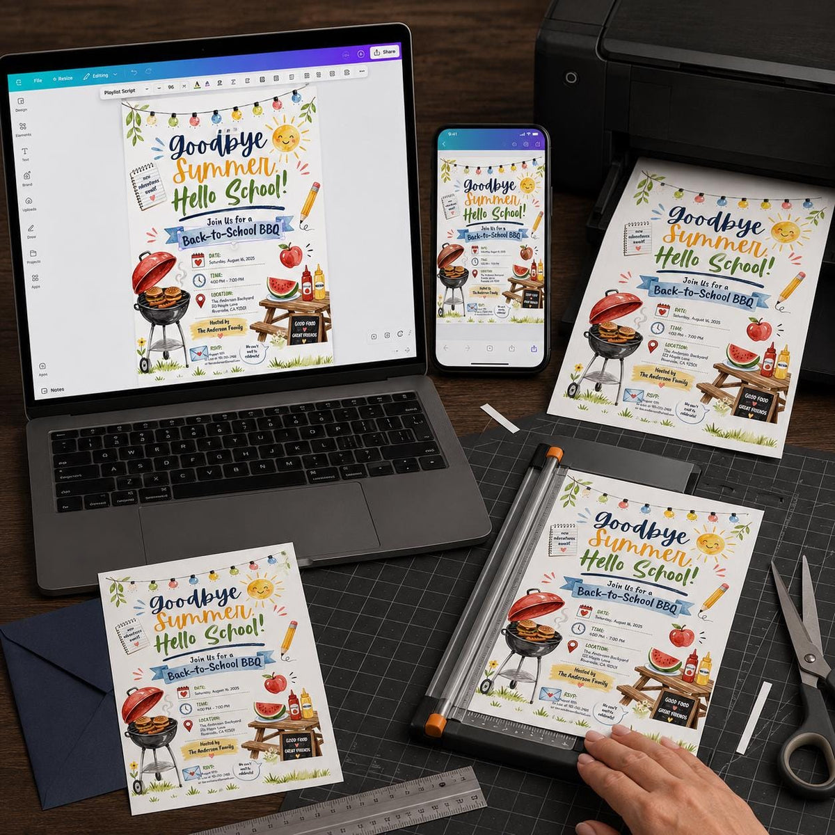 Back to School BBQ Invitation: Goodbye Summer Hello School Cookout — print-ready back-to-school event design from VoltBy