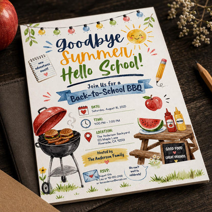 Back to School BBQ Invitation: Goodbye Summer Hello School Cookout — digital invitation, instant download