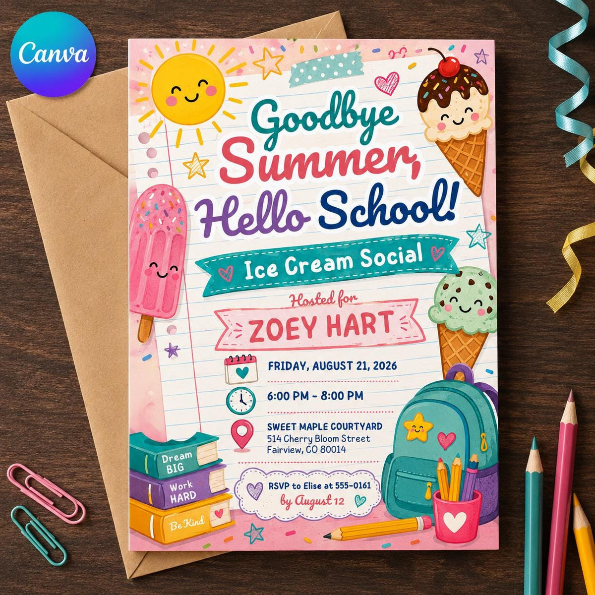 Back to School Ice Cream Social Invitation — editable Canva template