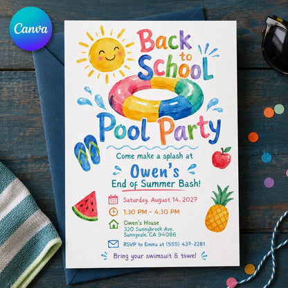 Back to School Pool Party Invitation: End of Summer Bash — editable Canva template