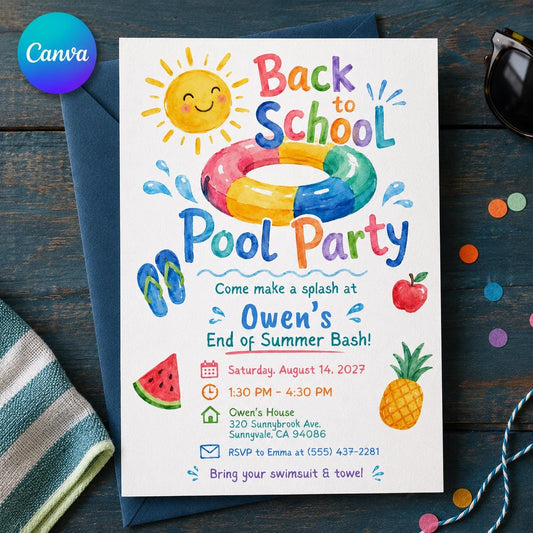 Back to School Pool Party Invitation: End of Summer Bash — editable Canva template