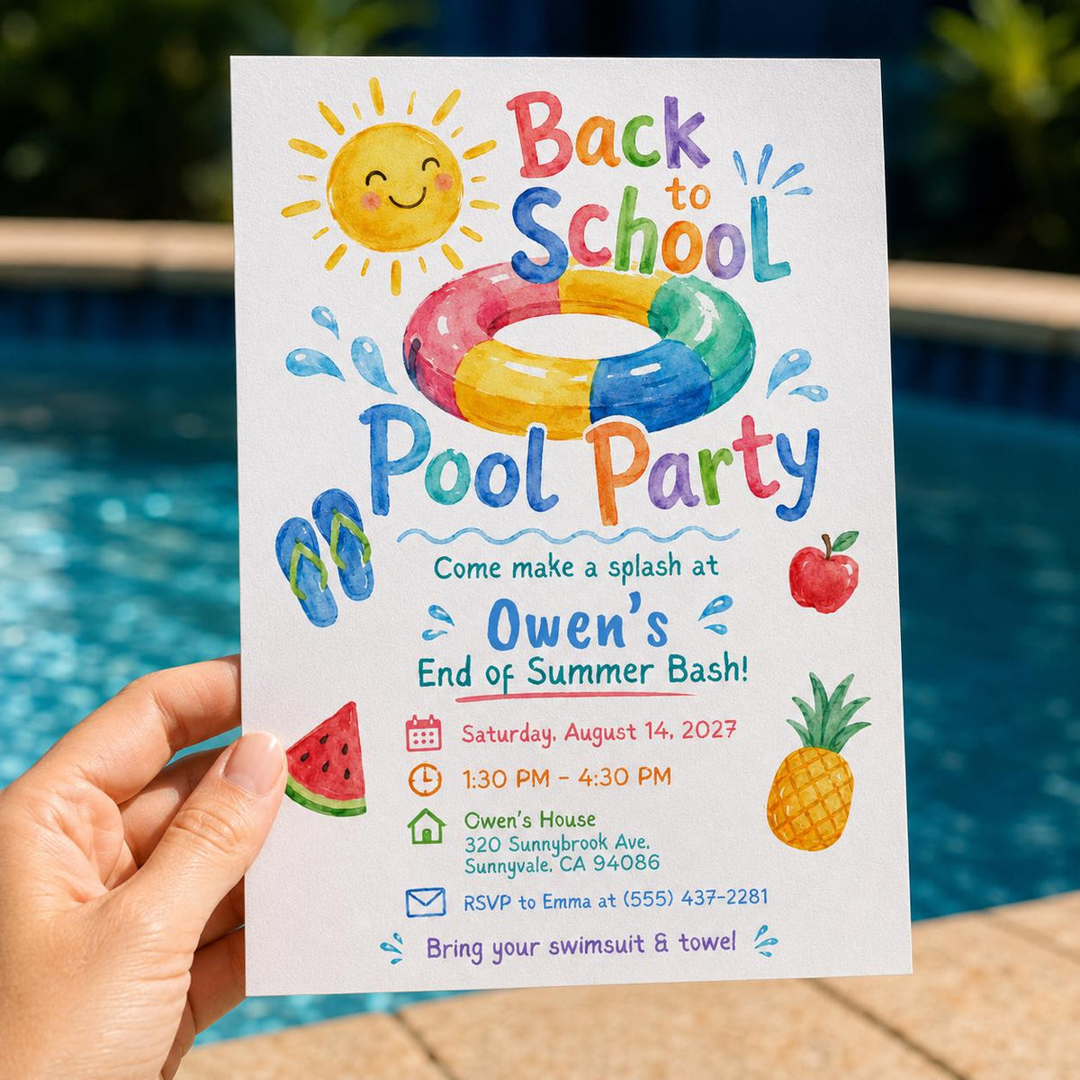 Back to School Pool Party Invitation: End of Summer Bash — print-ready back-to-school event design from VoltBy