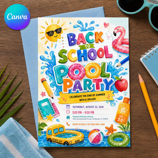 Back to School Pool Party Invitation: End of Summer Splash Bash — editable Canva template
