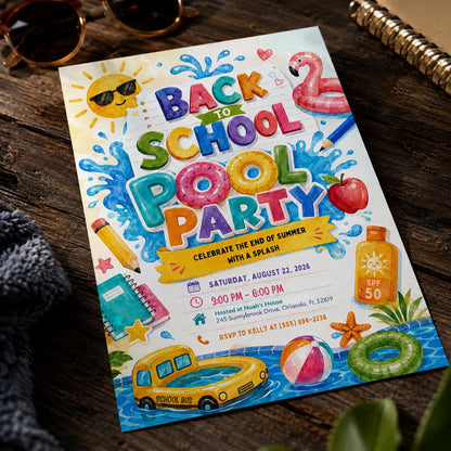 Back to School Pool Party Invitation: End of Summer Splash Bash — invitation you personalize in Canva