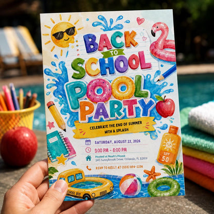 Back to School Pool Party Invitation: End of Summer Splash Bash — print-ready back-to-school event design from VoltBy