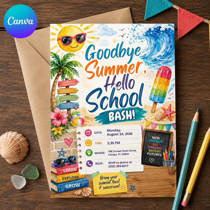 Back to School Pool Party Invitation: Goodbye Summer Hello School Bash — editable Canva template