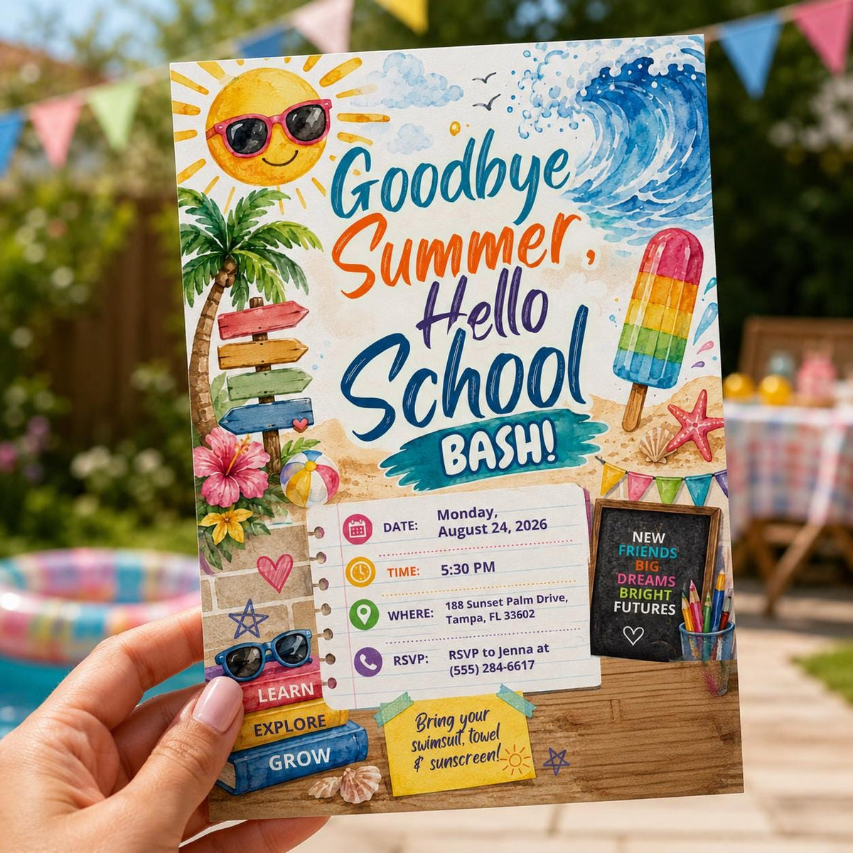 Back to School Pool Party Invitation: Goodbye Summer Hello School Bash — print-ready back-to-school event design from VoltBy