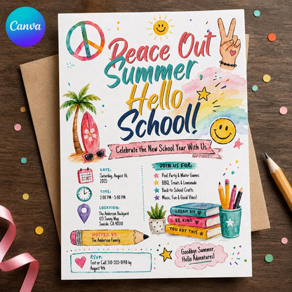 Back to School Pool Party Invitation: Peace Out Summer Hello School — editable Canva template
