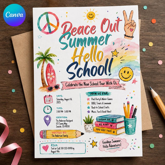 Back to School Pool Party Invitation: Peace Out Summer Hello School — editable Canva template