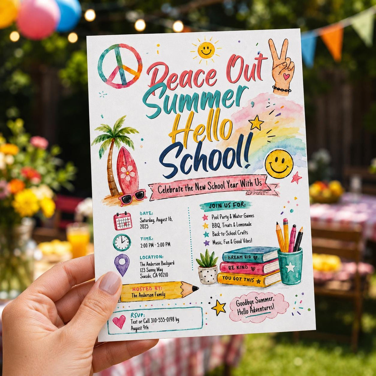 Back to School Pool Party Invitation: Peace Out Summer Hello School — invitation you personalize in Canva