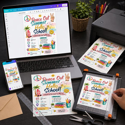 Back to School Pool Party Invitation: Peace Out Summer Hello School — print-ready back-to-school event design from VoltBy