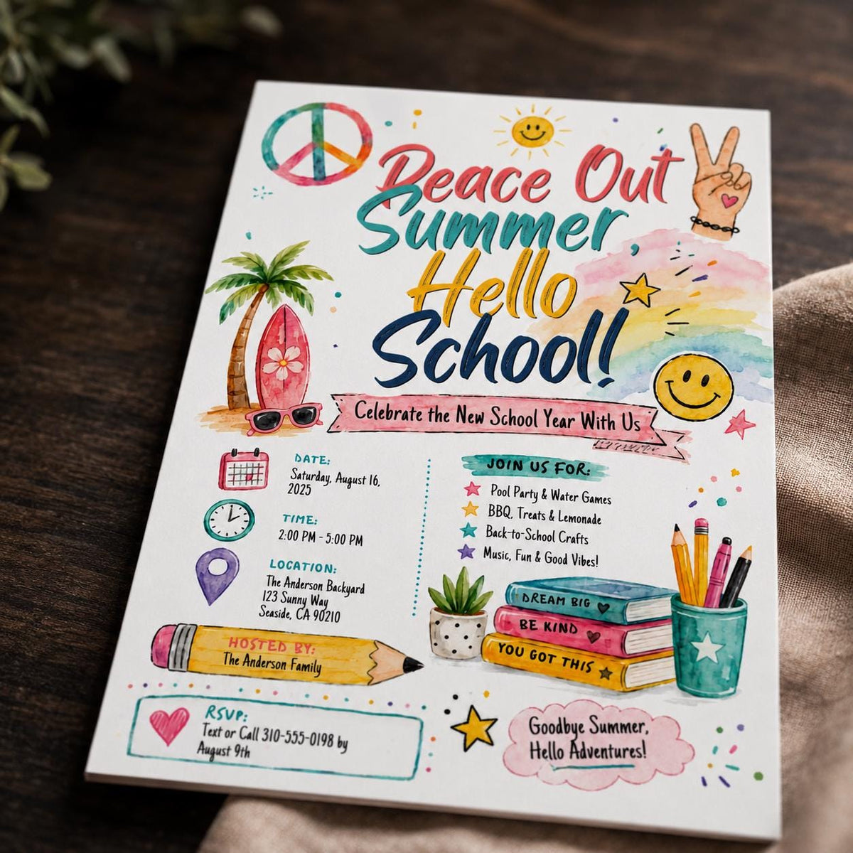 Back to School Pool Party Invitation: Peace Out Summer Hello School — digital invitation, instant download