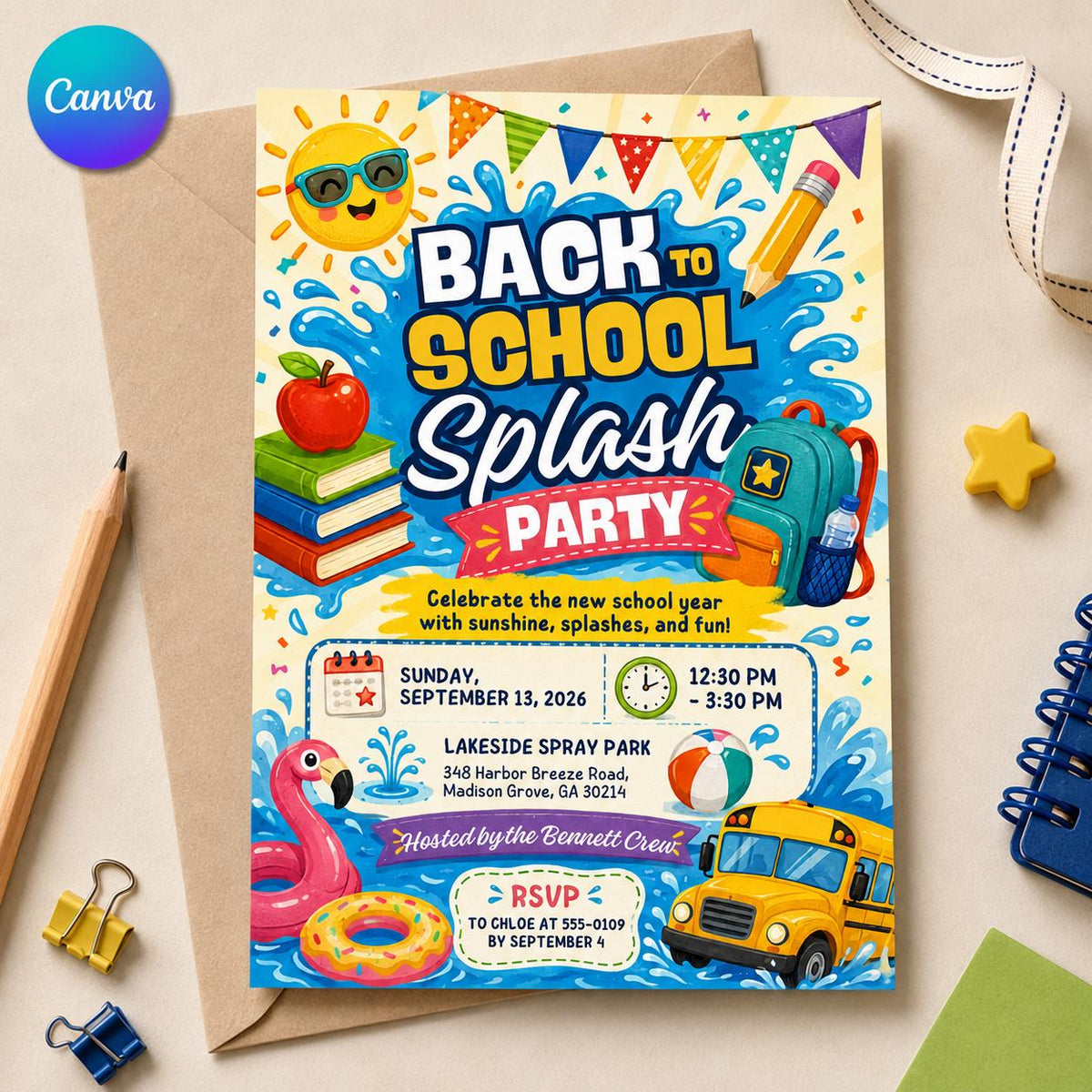 Back to School Splash Party Invitation — editable Canva template