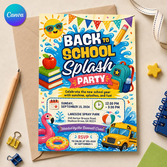 Back to School Splash Party Invitation — editable Canva template