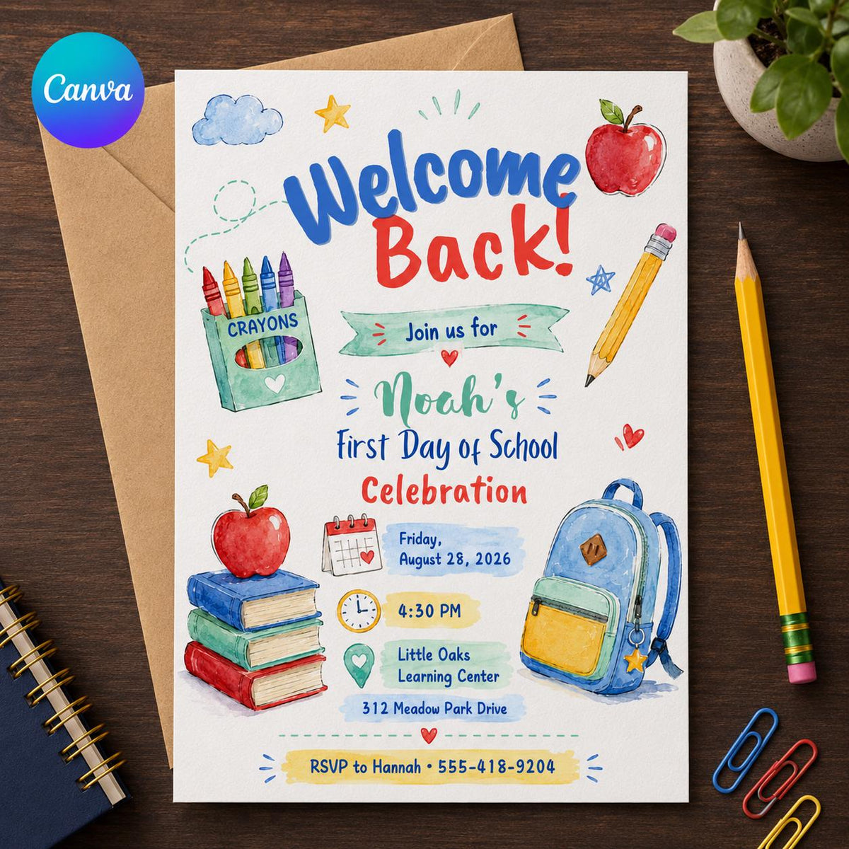 Backpack Back to School Party Invitation — editable Canva template