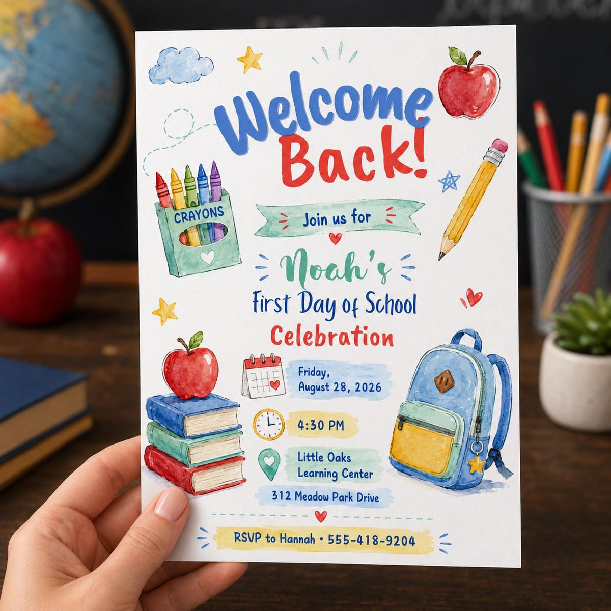 Backpack Back to School Party Invitation — invitation you personalize in Canva