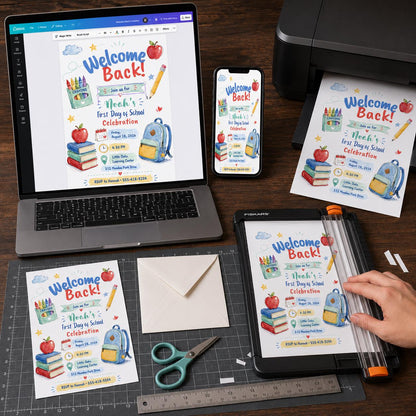 Backpack Back to School Party Invitation — print-ready back-to-school event design from VoltBy