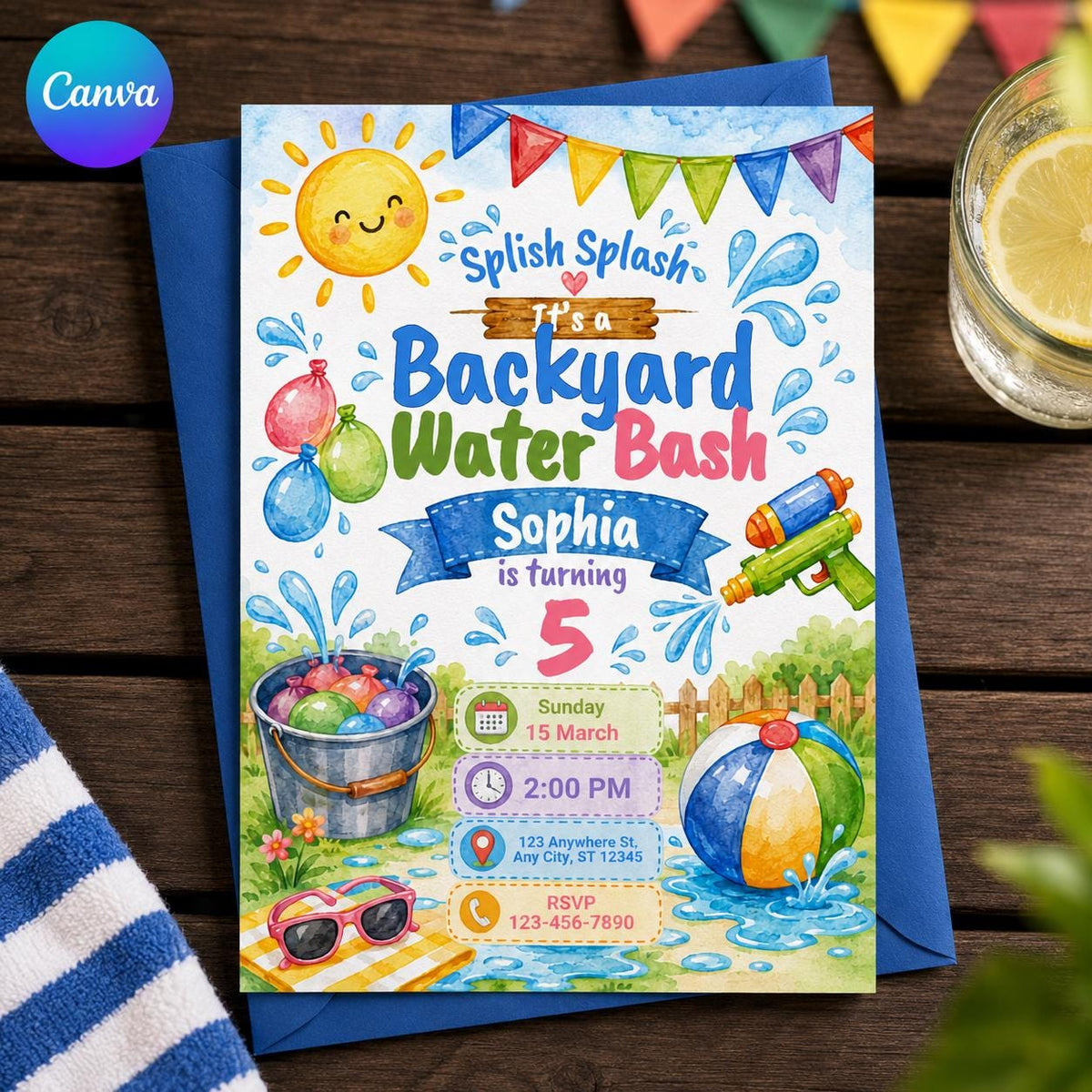 Backyard Water Bash Invitation — editable Canva template