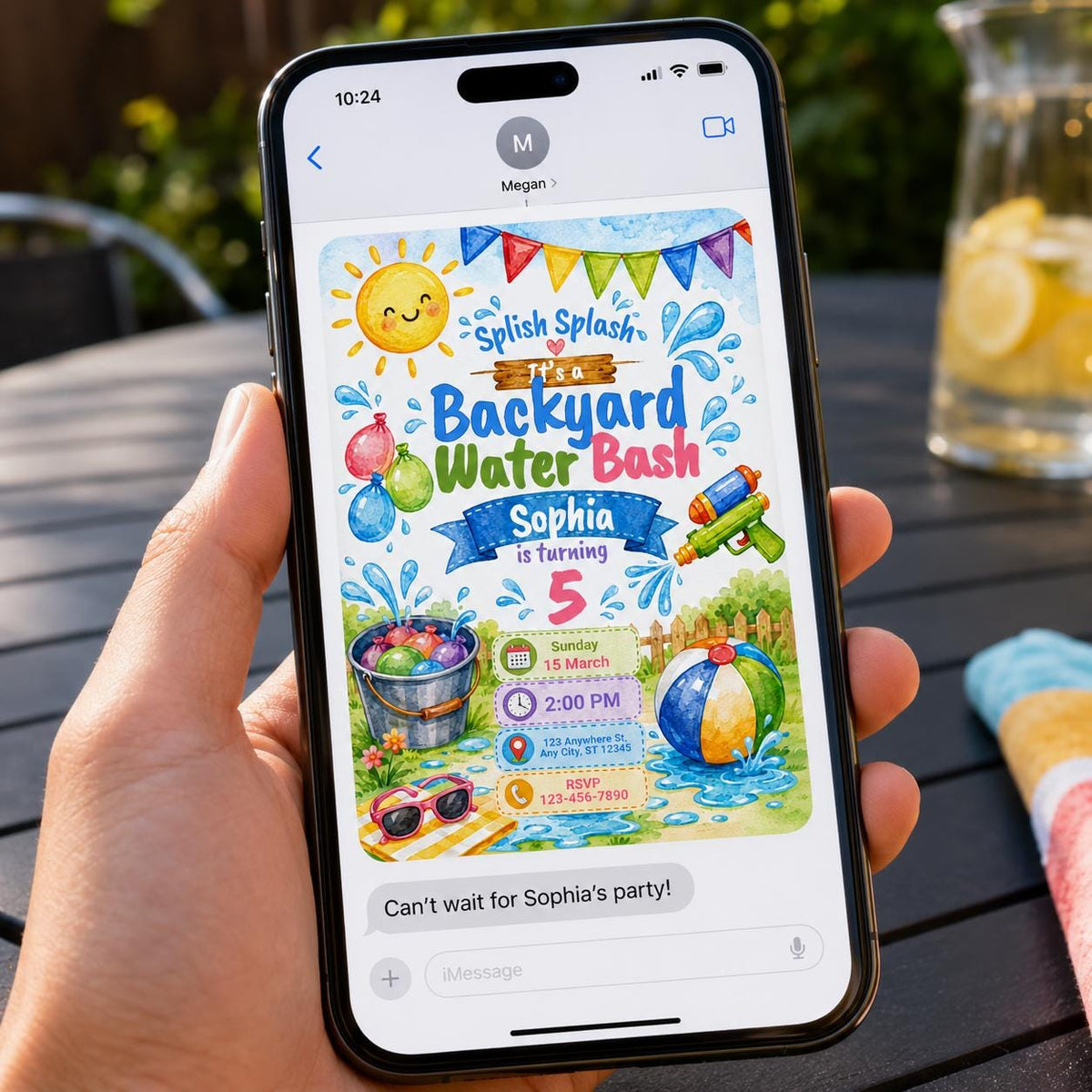 Backyard Water Bash Invitation — balloon and pool design