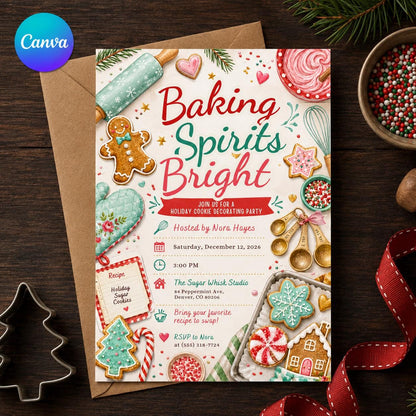 Baking Christmas Cookie Decorating Party Invitation: Baking Spirits Bright Holiday — editable Canva template