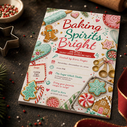 Baking Christmas Cookie Decorating Party Invitation: Baking Spirits Bright Holiday — print-ready Christmas celebration