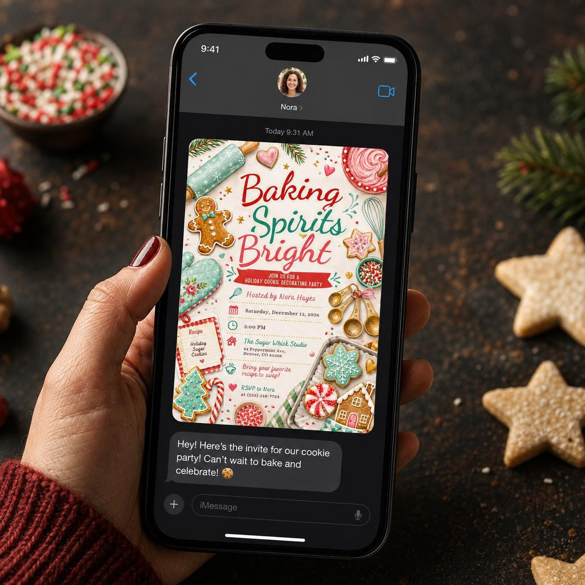 Baking Christmas Cookie Decorating Party Invitation: Baking Spirits Bright Holiday — digital invitation, instant download