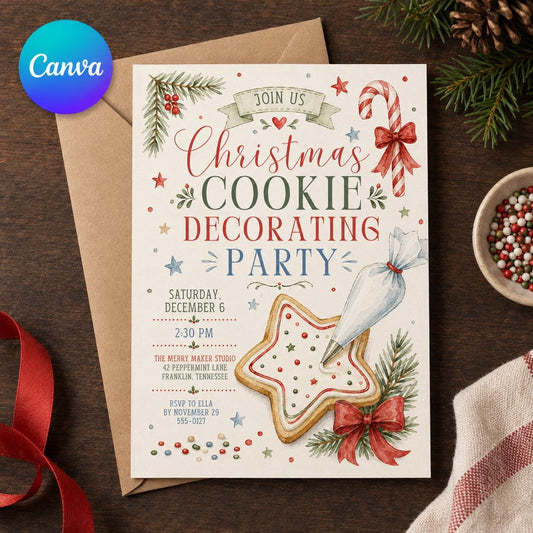 Baking Christmas Cookie Decorating Party Invitation: Seasonal Event — editable Canva template