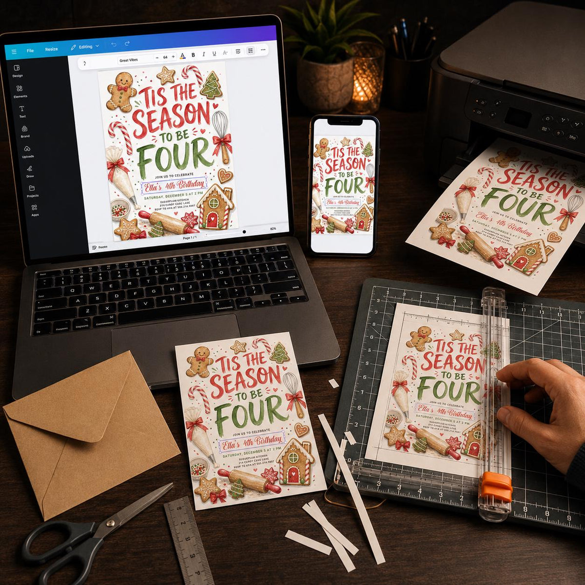 Baking Gingerbread 4th Birthday Invitation — digital invitation, instant download