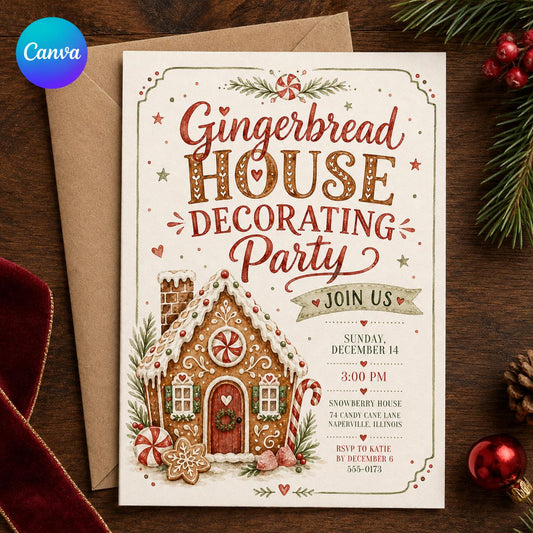 Baking Gingerbread House Decorating Party Invitation — editable Canva template
