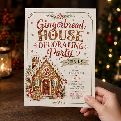 Baking Gingerbread House Decorating Party Invitation — print-ready Christmas celebration design from VoltBy