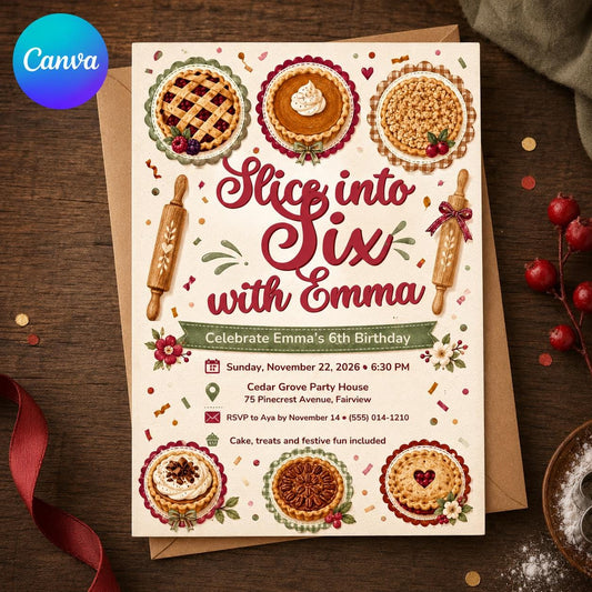 Baking Pie Birthday Invitation for Girls — editable Canva template