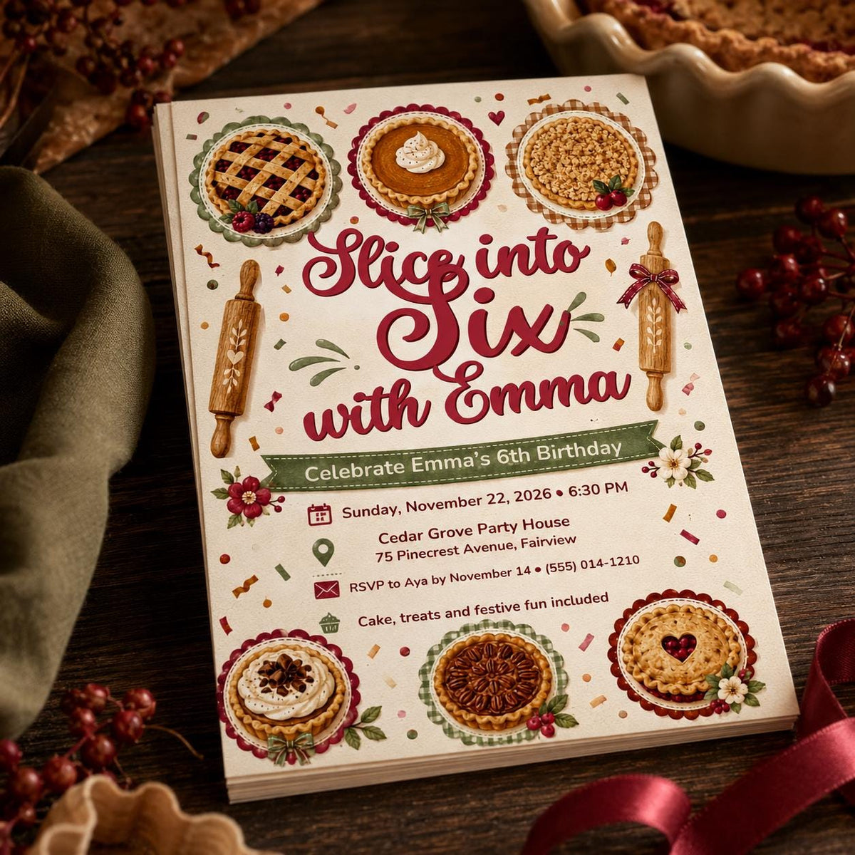 Baking Pie Birthday Invitation for Girls — print-ready birthday party design from VoltBy