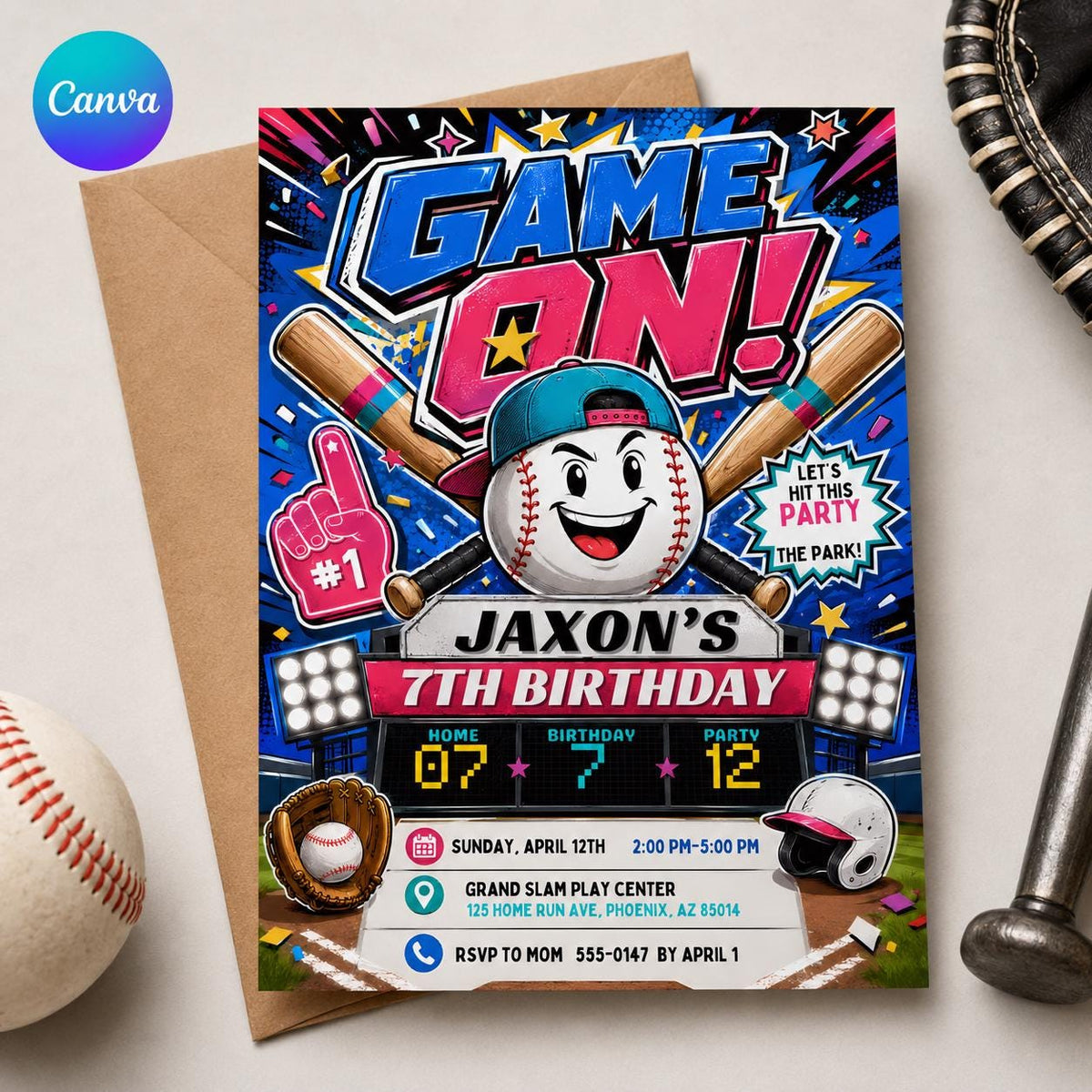 Baseball 7th Birthday Invitation for Boys — editable Canva template