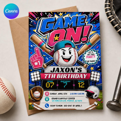 Baseball 7th Birthday Invitation for Boys — editable Canva template