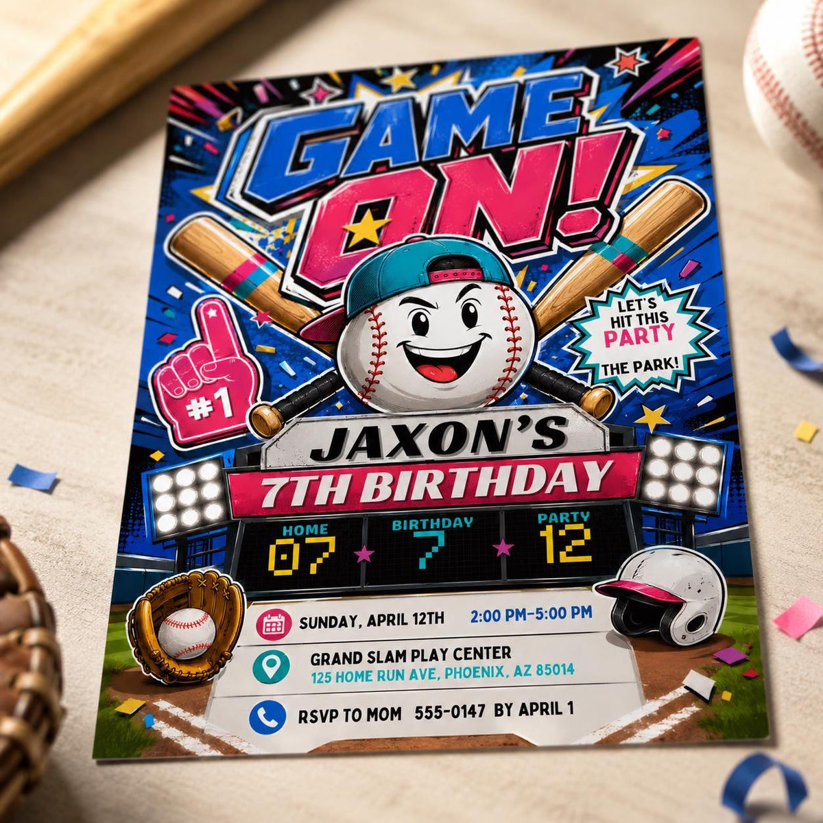 Baseball 7th Birthday Invitation for Boys — digital invitation, instant download